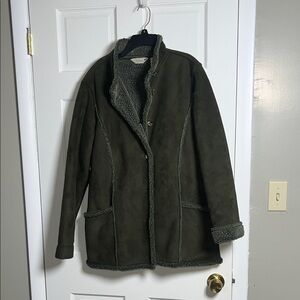 LL Bean Faux Suede Sherpa Lined Jacket Olive Green Size M